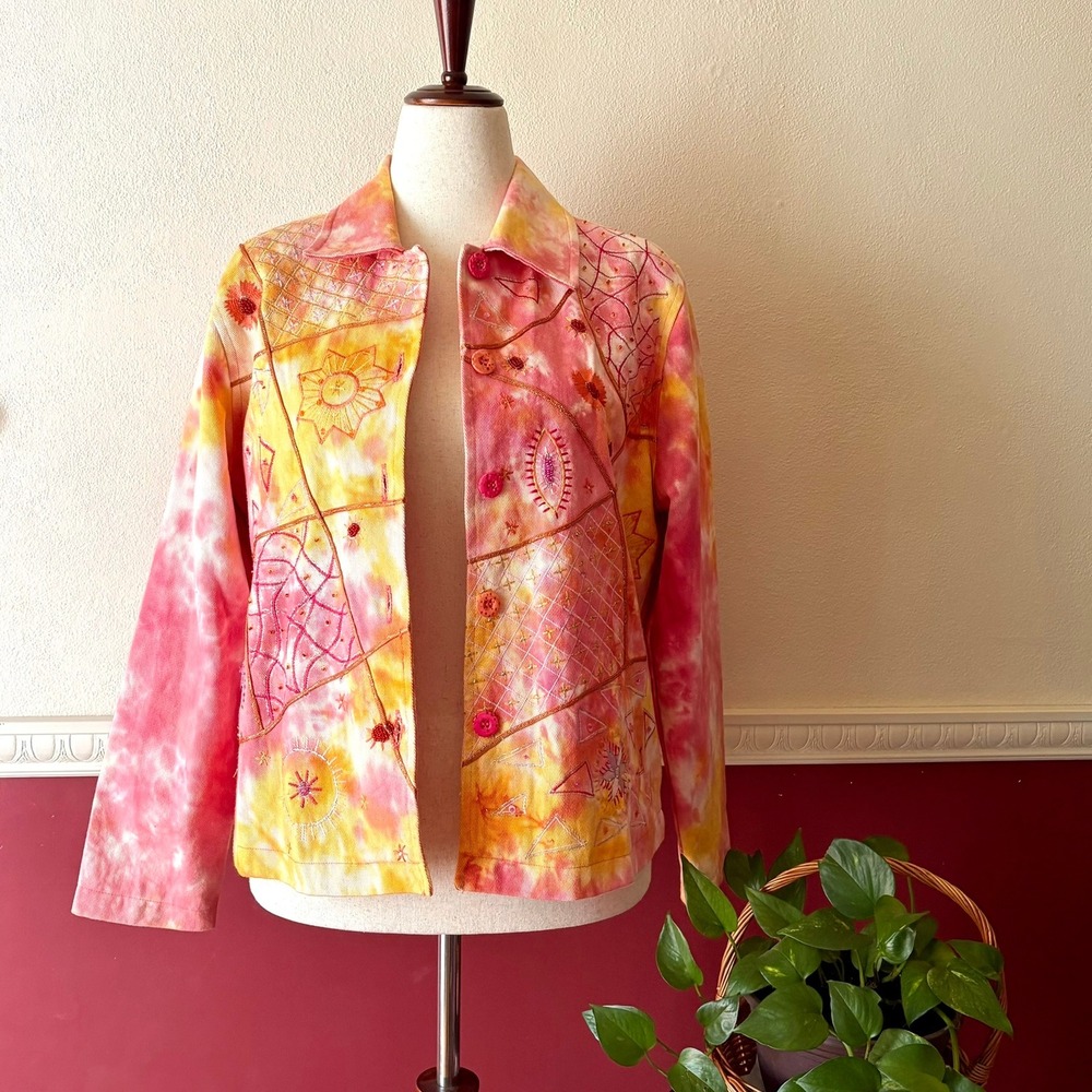 Vintage Keren Hart Tie Dye Embroidered Denim Jacket L Pink Yellow Maximalist Art